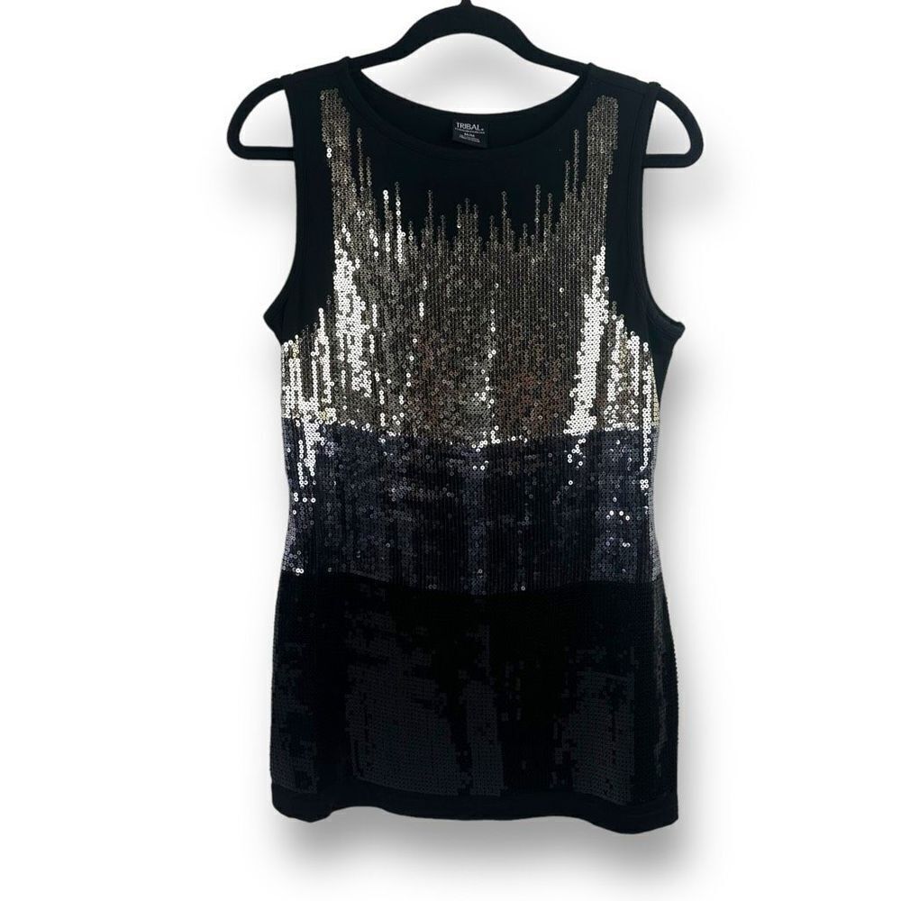 Tribal Womens Size M Sleeveless Sequin Sparkle Top Black Silver Gold Evening